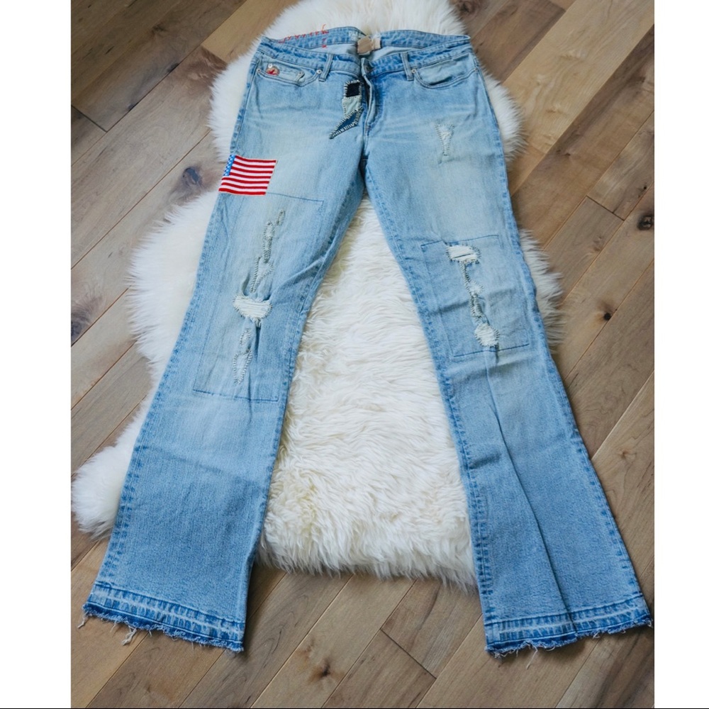 Parasuco Light Blue Distressed Flare Jeans with Flag Patch